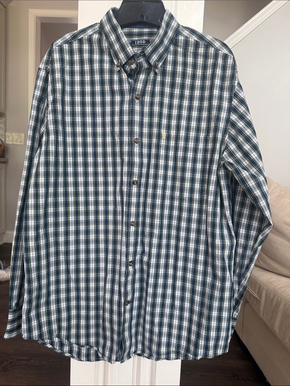 Izod Mens Navy Green Yellow Plaid Button-Down Shirt Like New Medium - Picture 2 of 8